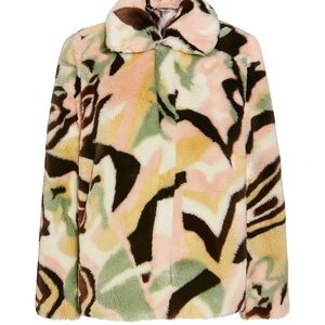 Dennis Basso Faux Fur Coat Multicolor Abstract Pattern Women’s Size S
